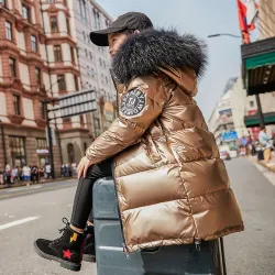 Long - warm winter jacket with fur hood - for girls