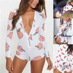 Sexy deep v-neck jumpsuit - long sleeve printed bodysuit with buttons