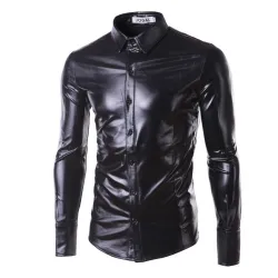 purple coated metallic night club wear shirt - men long sleeve button down mens dress shirt shiny elastic chemise hommeT-shirts