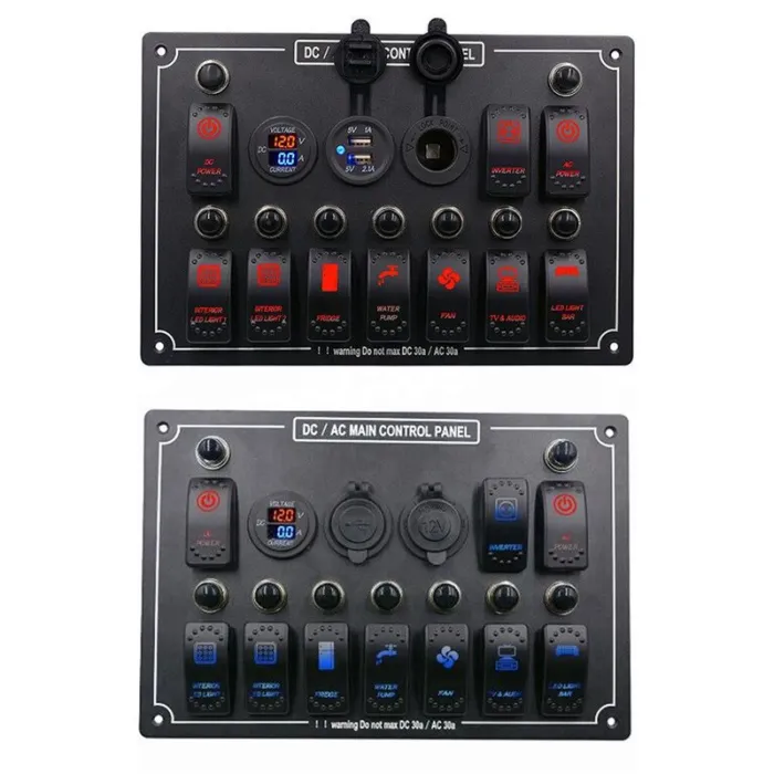 Rocker switch panel - 12V - 10-gang - LED - cigarette lighter - waterproof for car - boat - truck