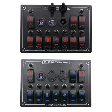 Rocker switch panel - 12V - 10-gang - LED - cigarette lighter - waterproof for car - boat - truck