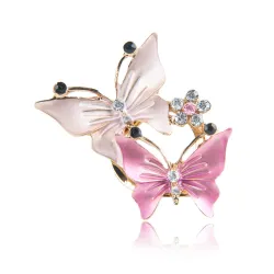 Double butterflies & flower - crystal brooch