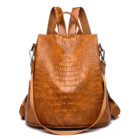 Casual leather bag - crocodile skin design - brown / black - backpack