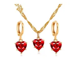 Golden necklace & earrings set with red heart