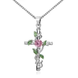 Pendant with cross & leaves & rose - stainless steel necklace