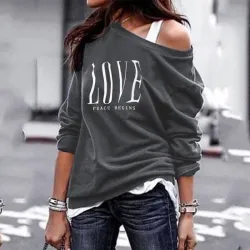 Sexy top - loose off-shoulders - long sleeve t-shirt - LOVE print