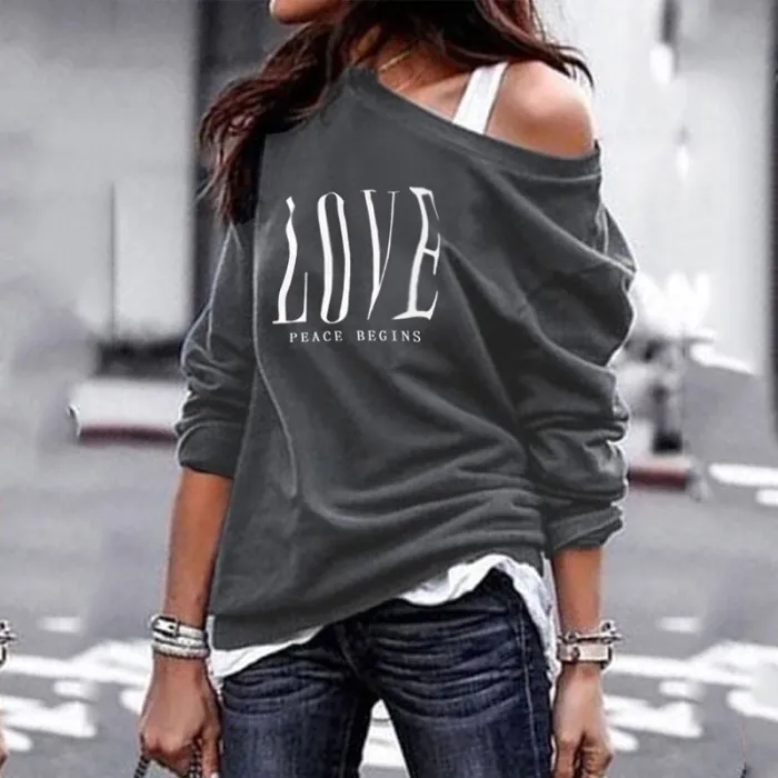 Sexy top - loose off-shoulders - long sleeve t-shirt - LOVE print