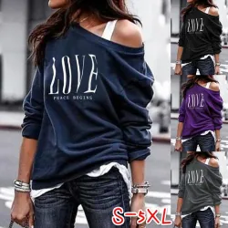 Sexy top - loose off-shoulders - long sleeve t-shirt - LOVE print
