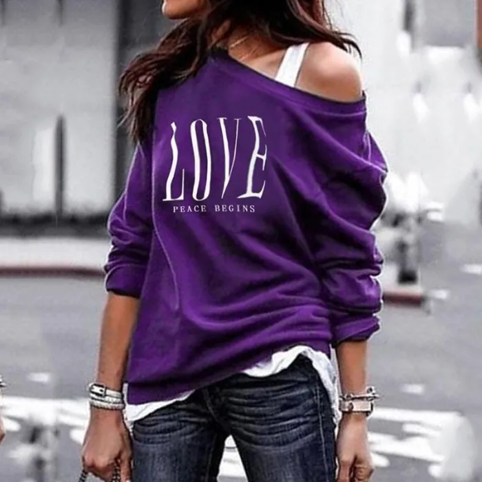 Sexy top - loose off-shoulders - long sleeve t-shirt - LOVE print