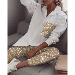 Sequin long sleeve shirt & glitter shiny pant - set