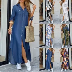 Long loose dress with buttons - denim / modern print
