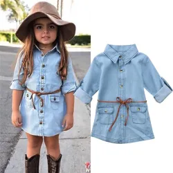 Buttoned up long sleeve shirt - mini denim dress for girls