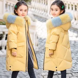 Padded cotton long jacket - with a colorful fur hood - for girls