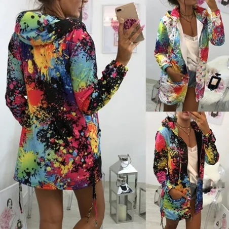 Jacket with hood - bomber - windbreaker - with pockets / zipper - colourful print