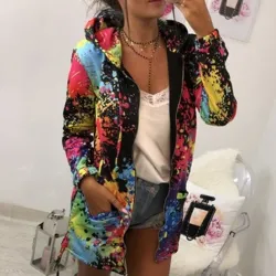 Jacket with hood - bomber - windbreaker - with pockets / zipper - colourful print