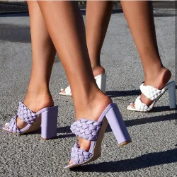Fashionable sandals - thick heel - weaved leather design