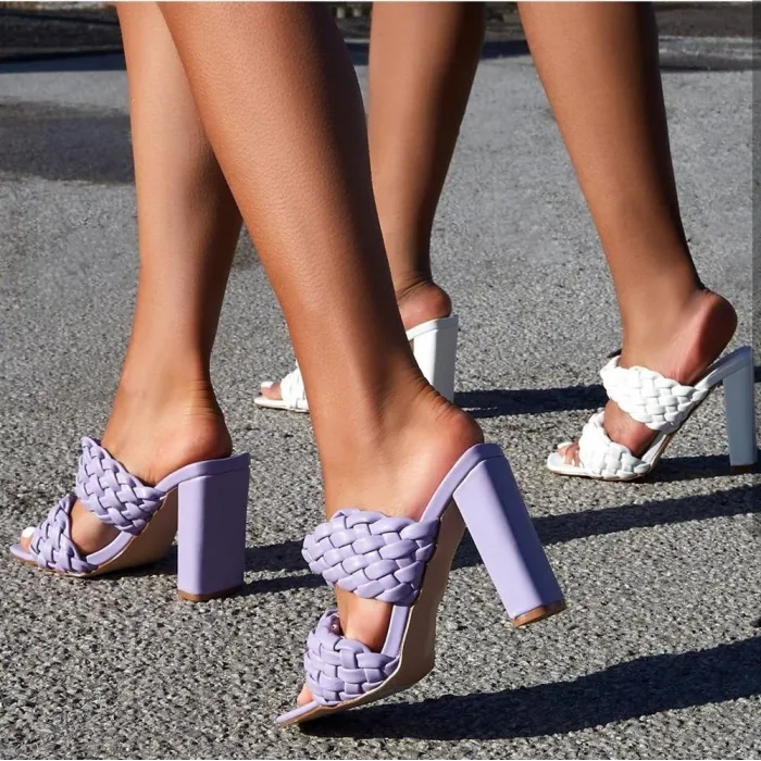 Fashionable sandals - thick heel - weaved leather design