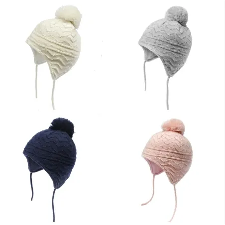 Knitted beanie - with ears protection / pom pom - for girls / boys