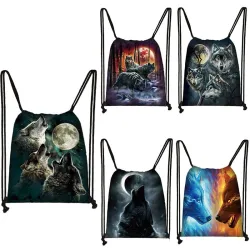 Trendy canvas backpack - with drawstrings - unisex - wolf print