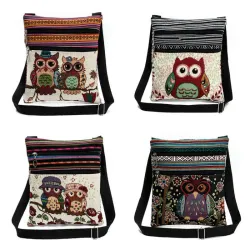 Mini vintage shoulder bag - with zippers - embroidery owls