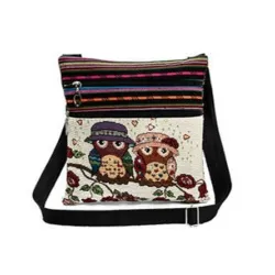 Mini vintage shoulder bag - with zippers - embroidery owls