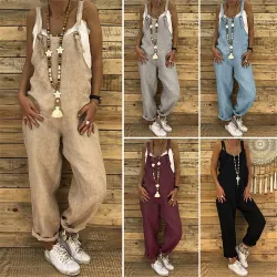 Vintage linen jumpsuit - lace up straps - loose - wide leg