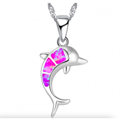 Silver necklace with a colorful opal dolphin