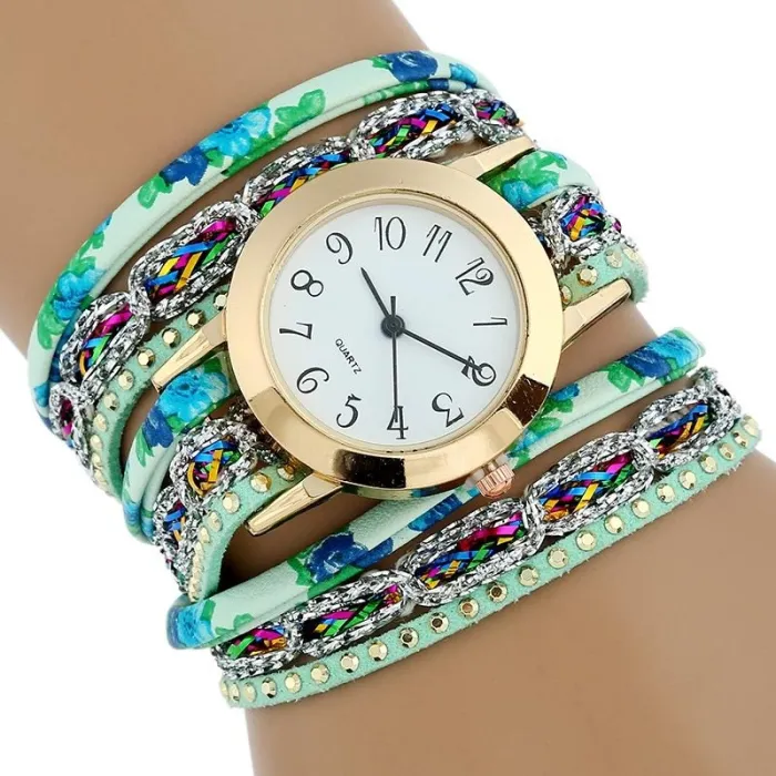 Multilayer floral bracelet - with a round quartz watch