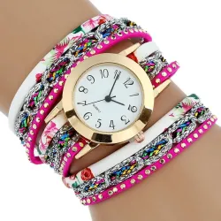 Multilayer floral bracelet - with a round quartz watch