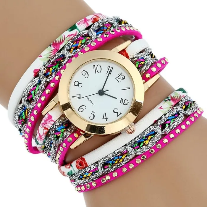 Multilayer floral bracelet - with a round quartz watch