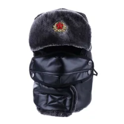 Warm winter leather hat - with neck / face cover / ear flaps - Russian / Soviet badgeHats & Caps