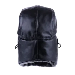 Warm winter leather hat - with neck / face cover / ear flaps - Russian / Soviet badgeHats & Caps