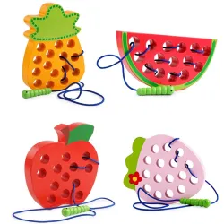 Montessori educational toy - wooden puzzle - worm eating fruit - apple / pear / watermelon
