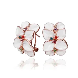 Flower shaped stud earrings - with multicolor zircon - rose gold