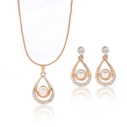 Elegant gold jewellery set - necklace / earrings - water drop pendant - with crystals / pearl
