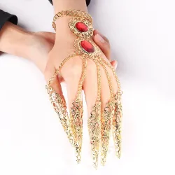 Femfingerring - med kæder - guldarmbånd - udhulede blomster / røde krystaller