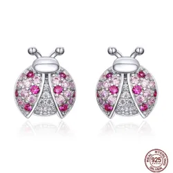 Øreringe med mariehøne - pink zirconia - 925 sterling sølv