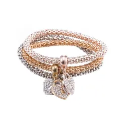 Elegant tredelt armbånd - med krystalhjerter - sølv - guld - rosaguld