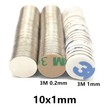 N42 - neodymmagnet - stærk rund skive - med 3M klæber - 10mm x 1mm - 10 - 100 stk.