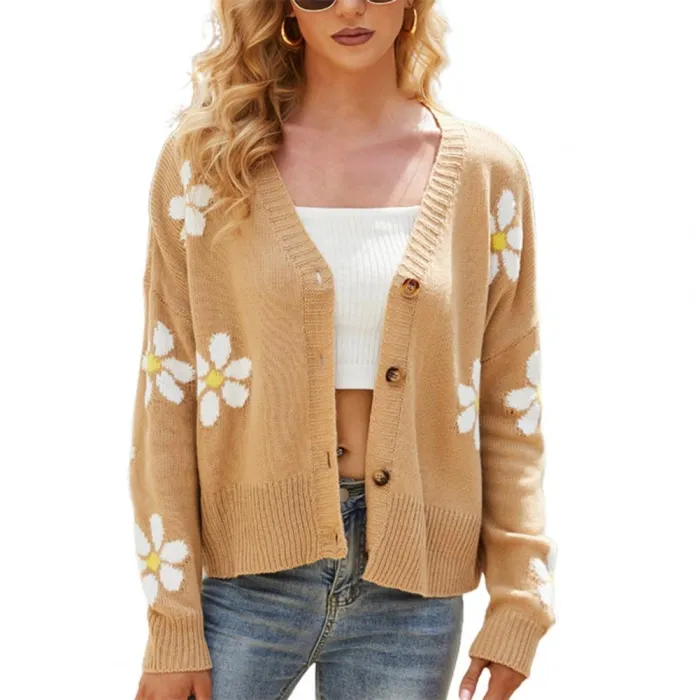 Klassisk cardigan - langærmet sweater - med knapper - blomstermønster