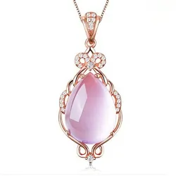 Elegant rosa guld halskæde - vanddråbeformet vedhæng - krystaller - pink opal