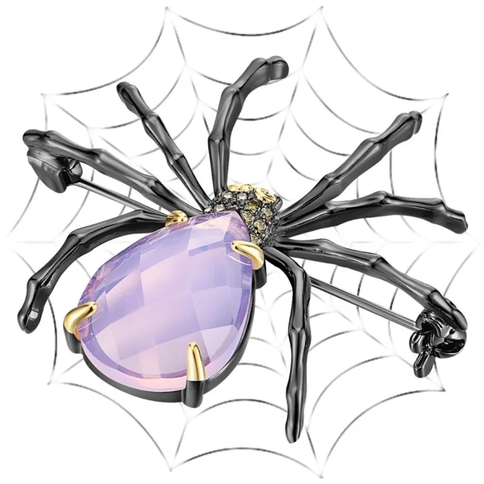 Elegant broche - sort edderkop - pink opal