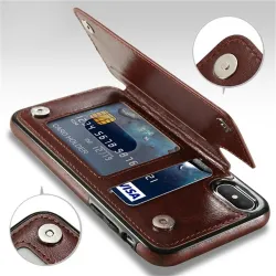Retro kortholder - telefoncover etui - læder flip cover - mini pung - til iPhone - rosa guld