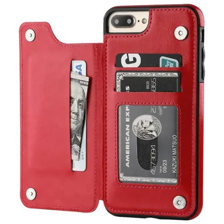 Retro kortholder - telefon cover cover - læder flip cover - mini pung - til iPhone - rød