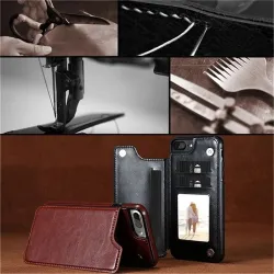 Retro kortholder - telefoncover etui - læder flip cover - mini pung - til iPhone - magenta