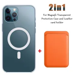 Magsafe wireless charging - transparent magnetic case - magnetic leather card holder - for iPhone - orangeProtection
