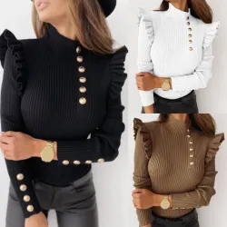 Long sleeve turtleneck - ribbed sweater - buttons / rufflesHoodies & Jumpers