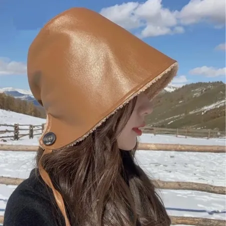 Bucket style hat - varm vinter læder hat - koreansk stil