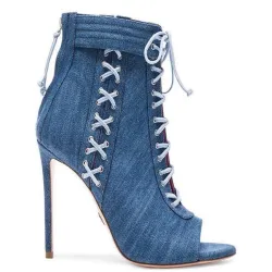 Denim højhælede ankelsandaler - korte blå støvler - krydsbundet - med lynlås