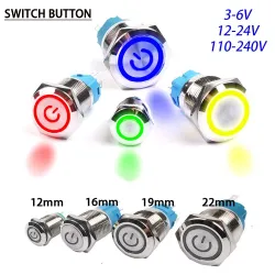 Metaltrykknapkontakt - vandtæt - selvlåsende - LED - 12mm / 16mm / 19mm / 22mm - 6V / 24V / 220V